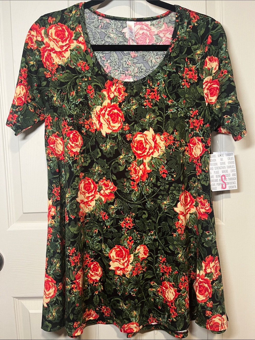 LuLaRoe Dark Green Floral Swing Top with Red and Cream Roses